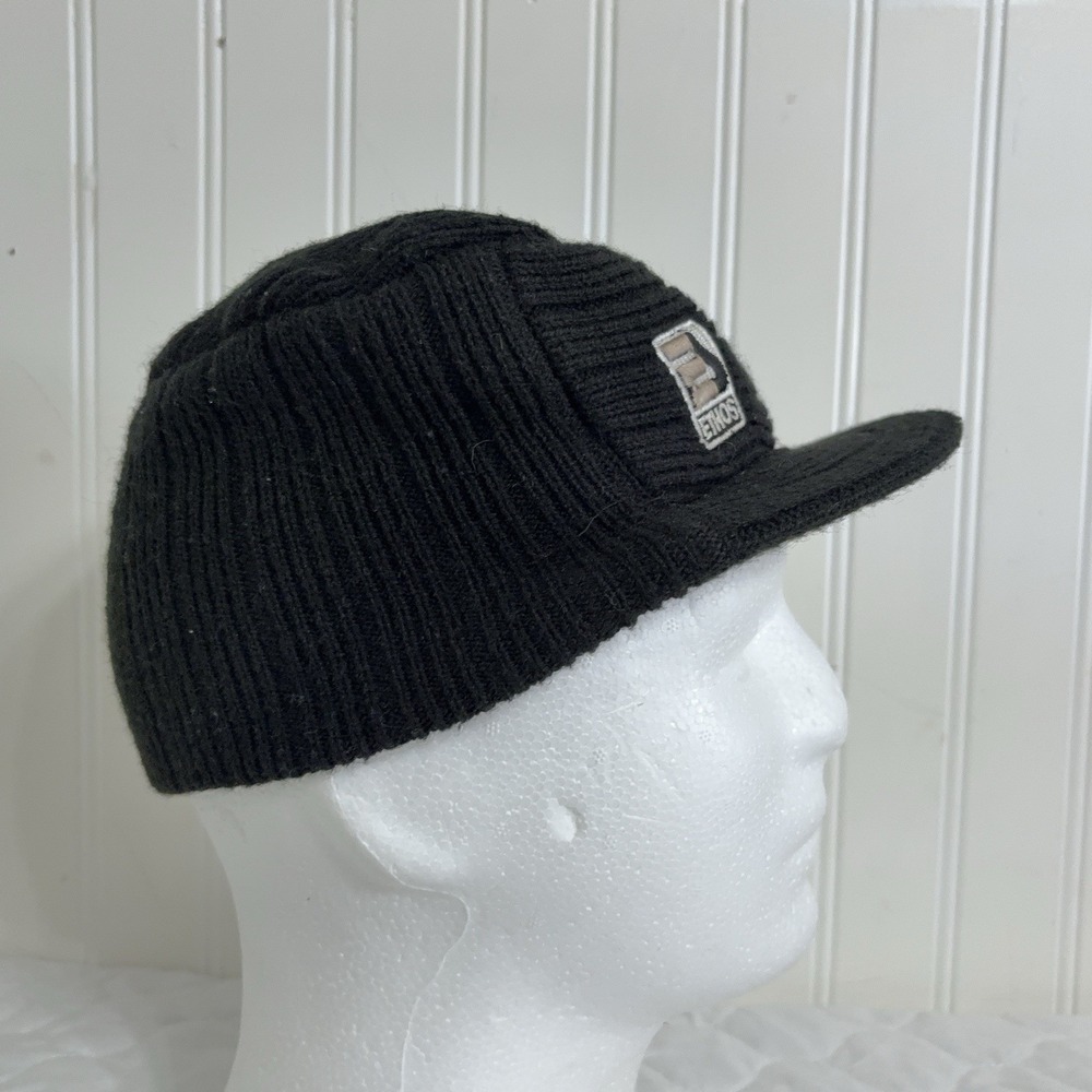 Vtg KB ETHOS Black Brimmed Beanie Knit Visor Cap Y2K Streetwear Skater Grunge